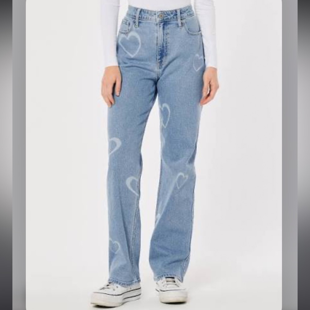 Hollister Heart Print Jeans Y2K Coquette Light Wash Denim Straight Leg Size 0